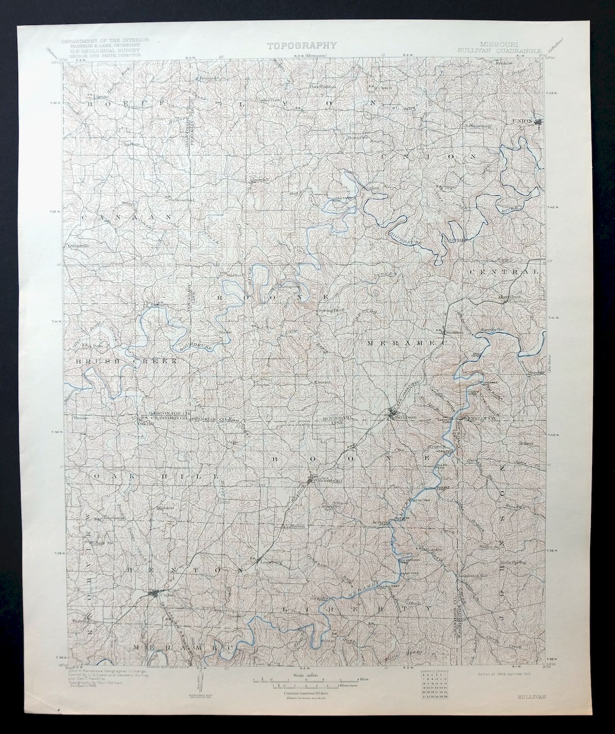 Sullivan Missouri Mark Twain NF Union USGS Topo Map 1916