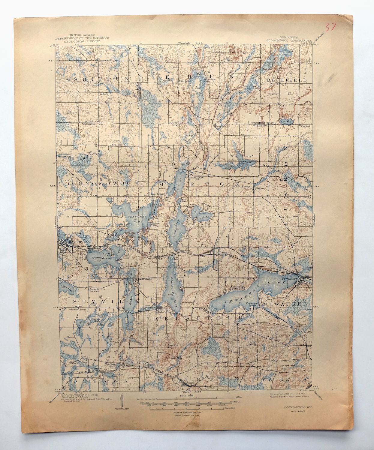 Oconomowoc Wisconsin Waukesha Plat USGS Topographic Map 1947