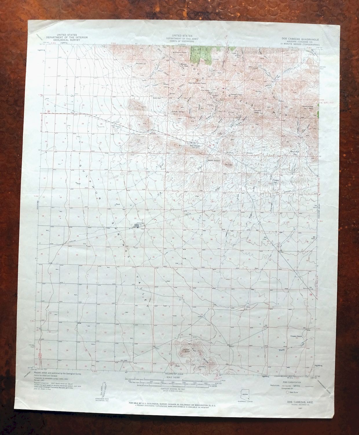 1962 USGS Army COE Topo Map: Dos Cabezas, Arizona