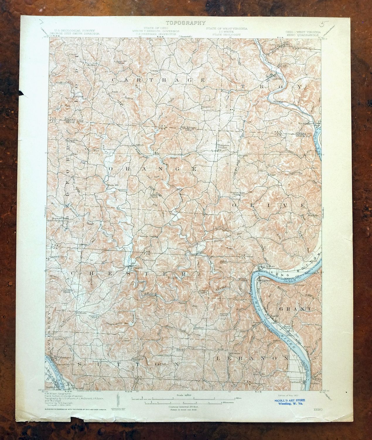 Keno Ohio Pomeroy Syracuse USGS Topographic Map 1907 Antique