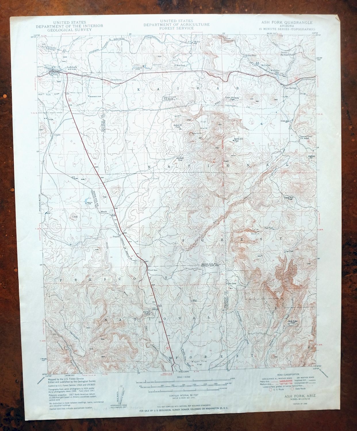 Ash Fork Arizona Kaibab NF Prescott NF USGS Topo Map 1949