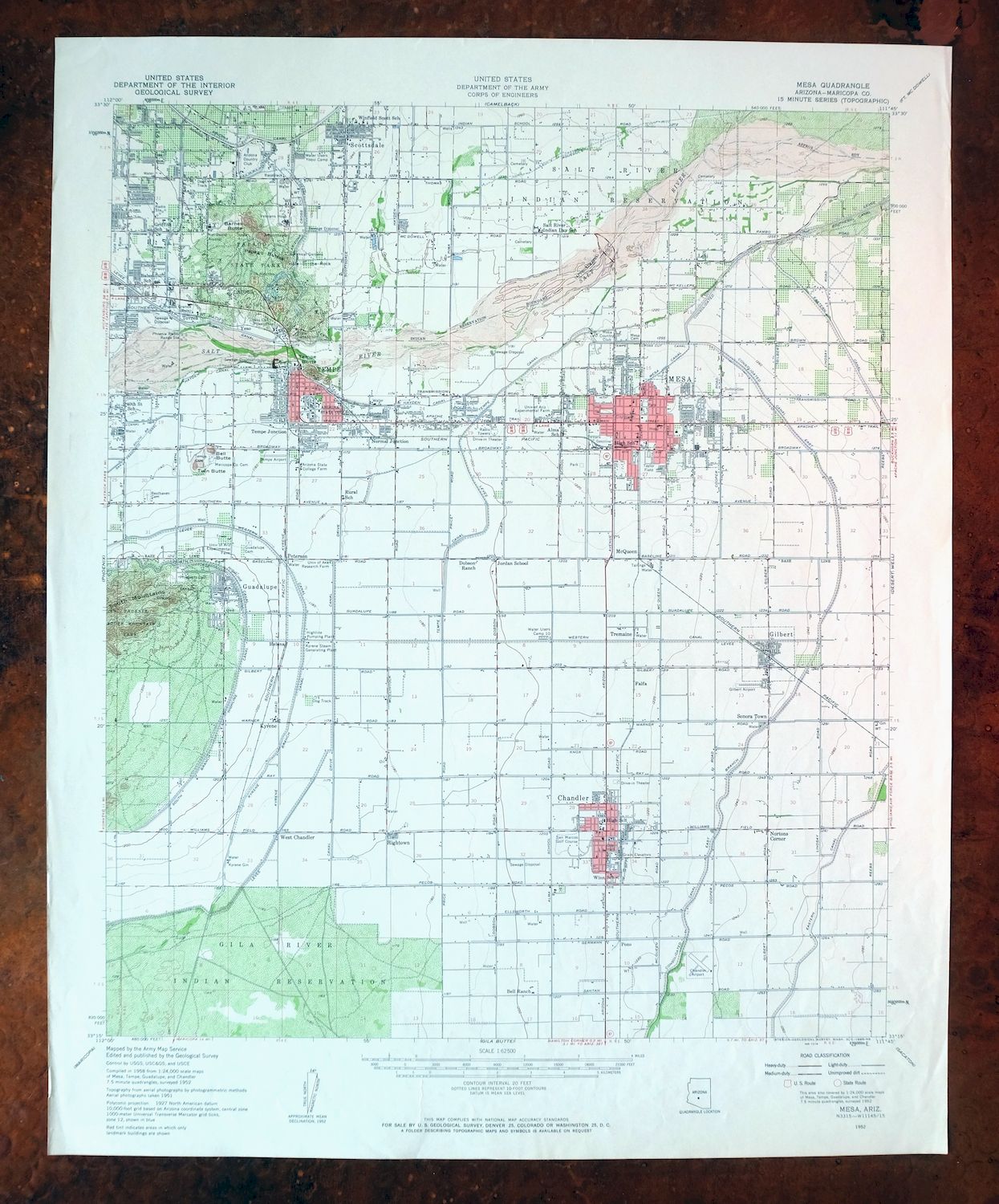 Mesa Arizona Phoenix Scottsdale USGS Topo Map 1960 Vintage