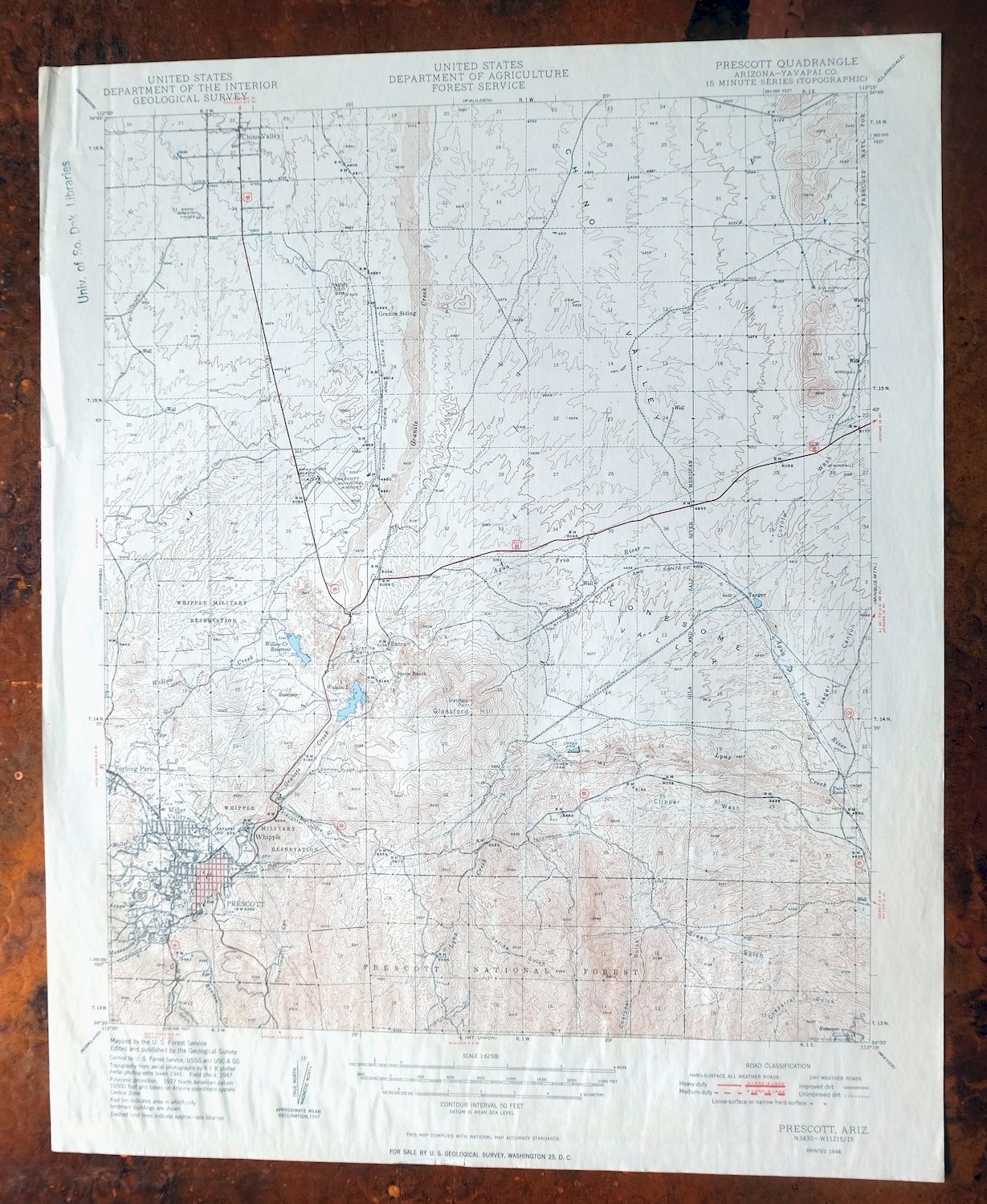 Prescott Arizona Chino Valley Williamson USGS Topo Map 1948