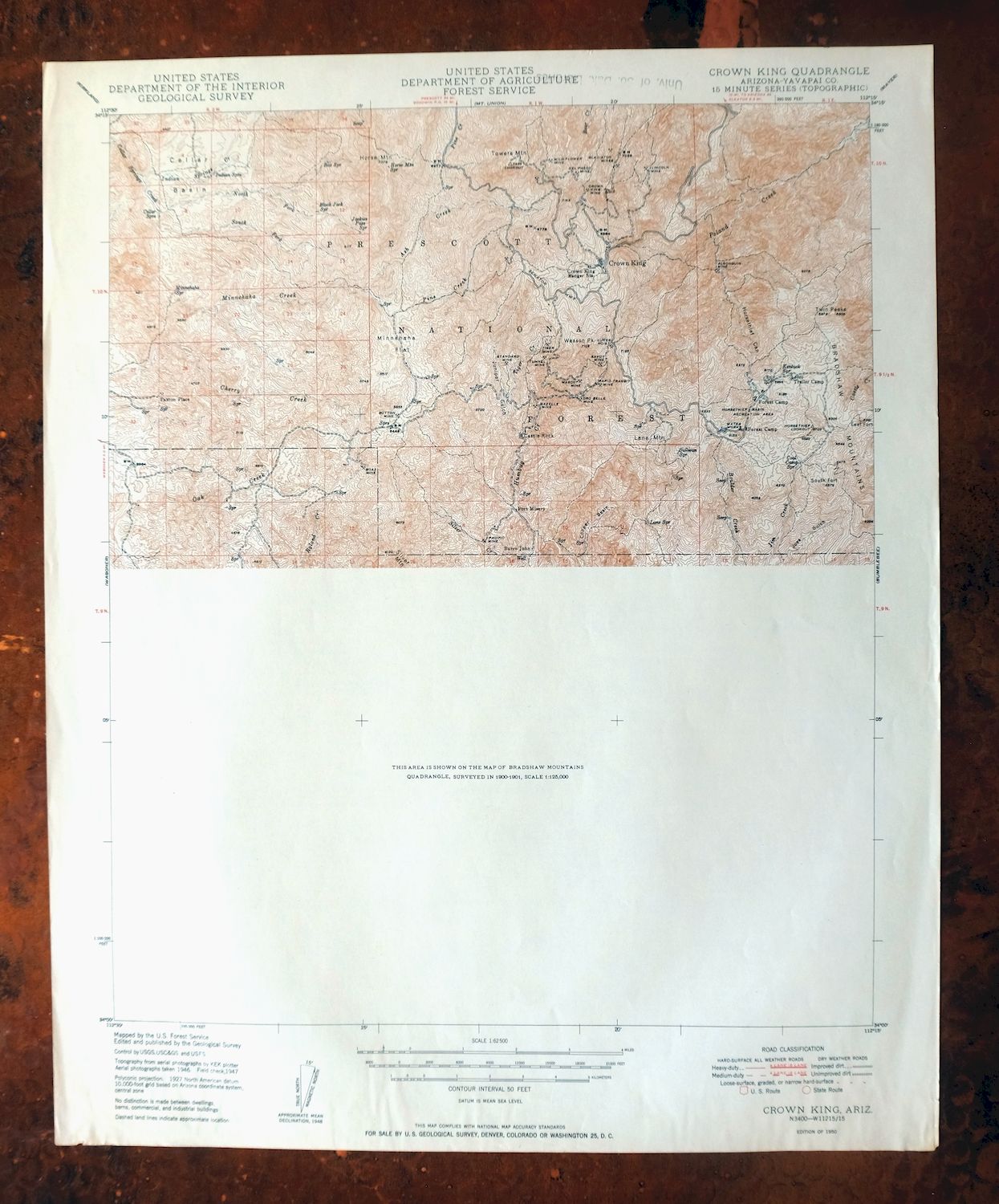 Crown King Arizona Prescott NF USGS Topo Map 1950 Vintage