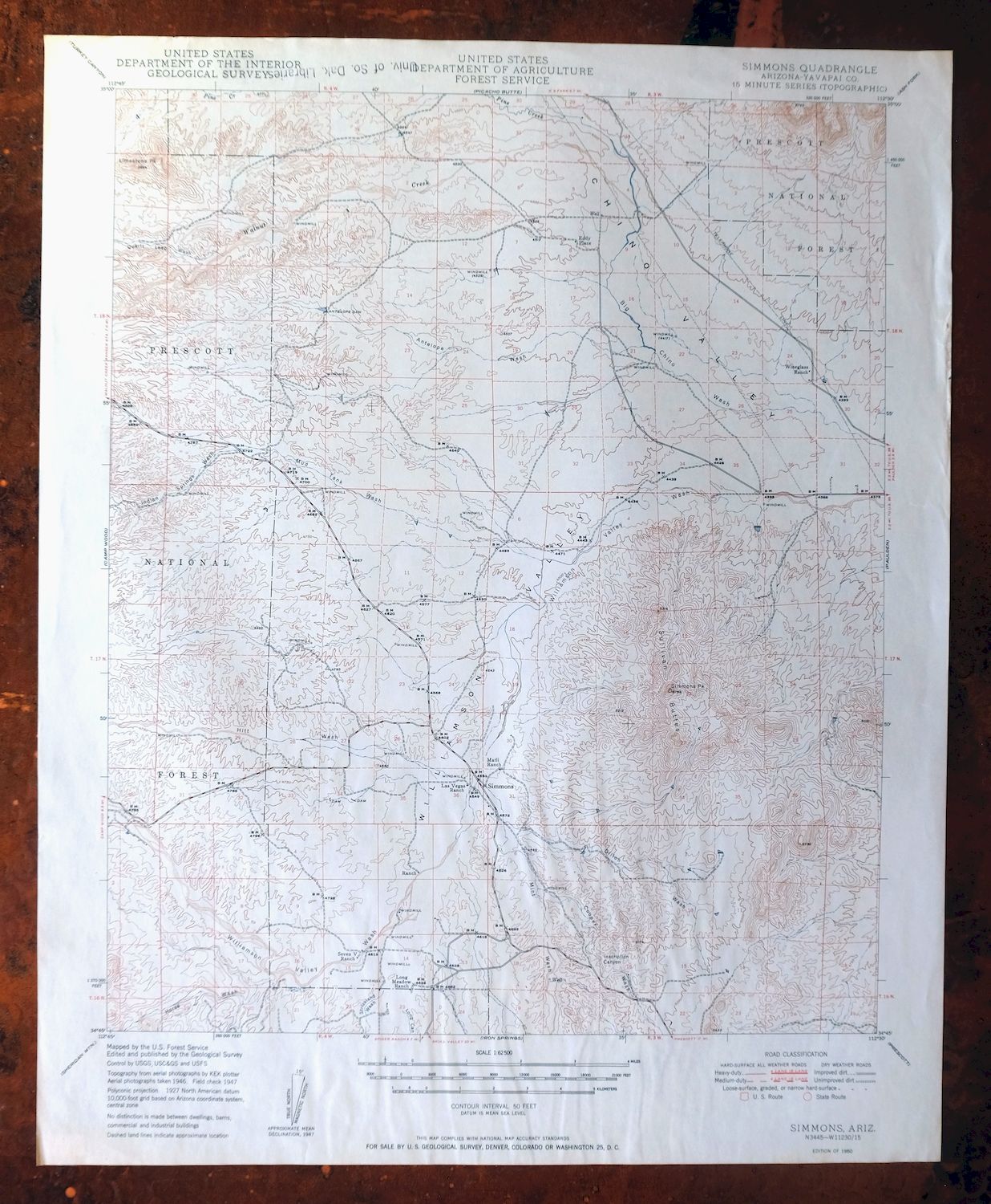 Simmons Arizona Paulden Williamson USGS Topographic Map 1950