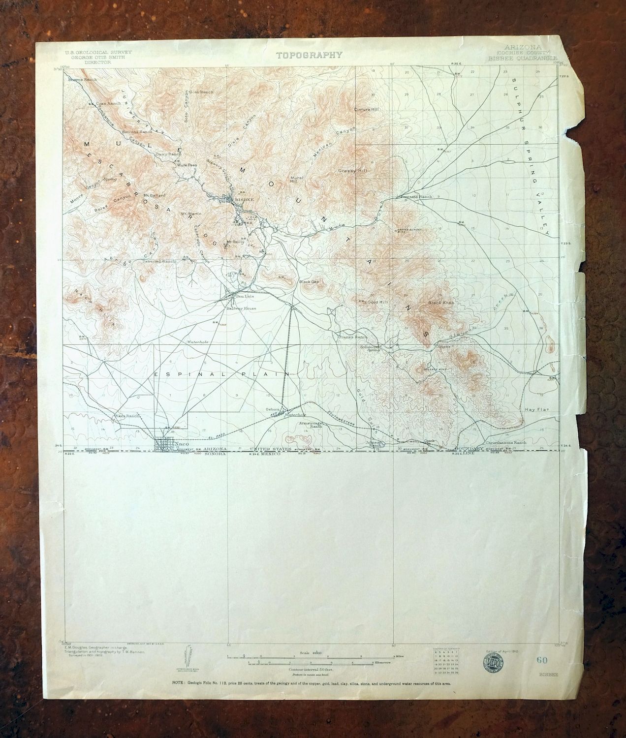 Bisbee Arizona Naco Mule Mountains USGS Topographic Map 1910