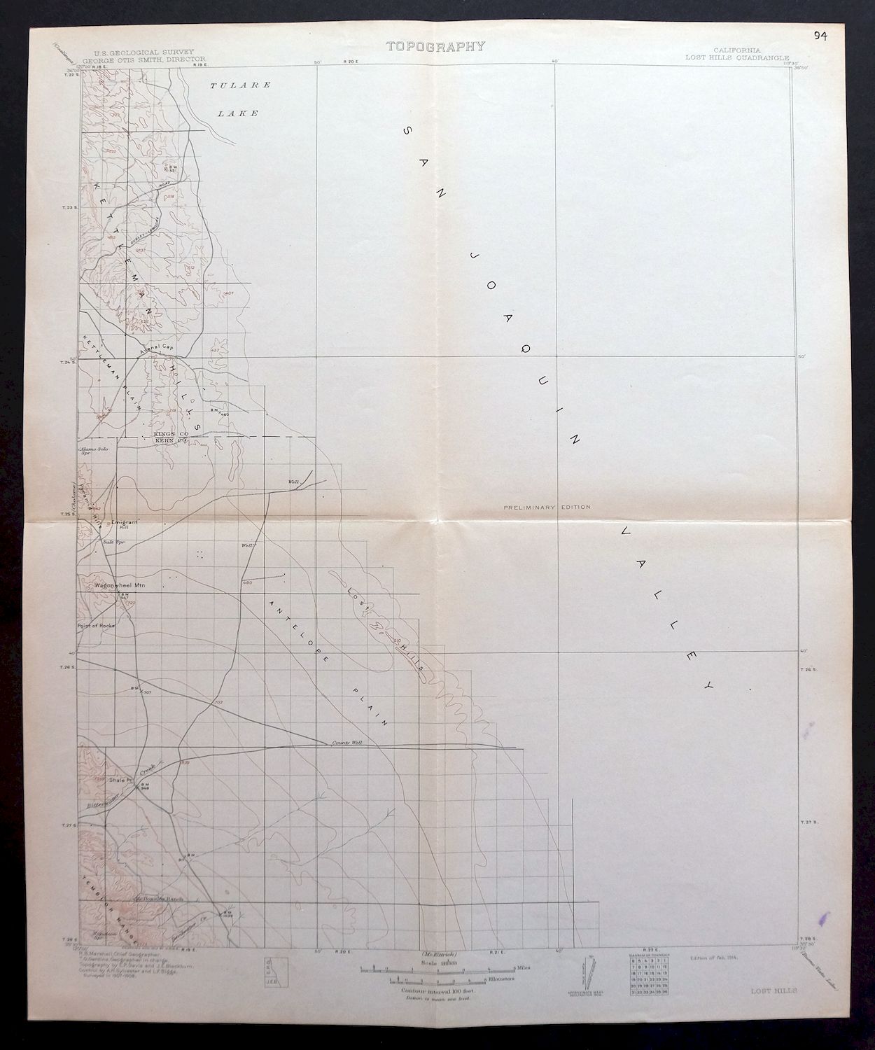 1914 Lost Hills California USGS Topo Map: Kern NWR