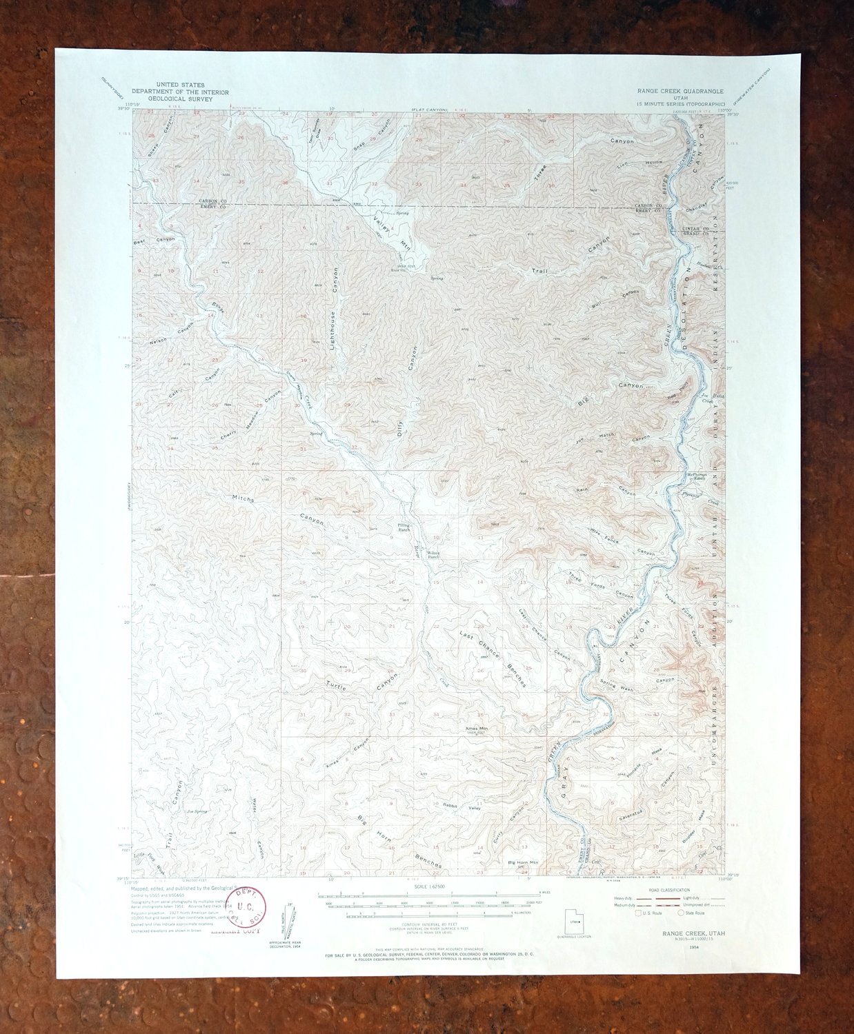 1956 USGS Topo Map: Range Creek, Desolation Canyon, Utah