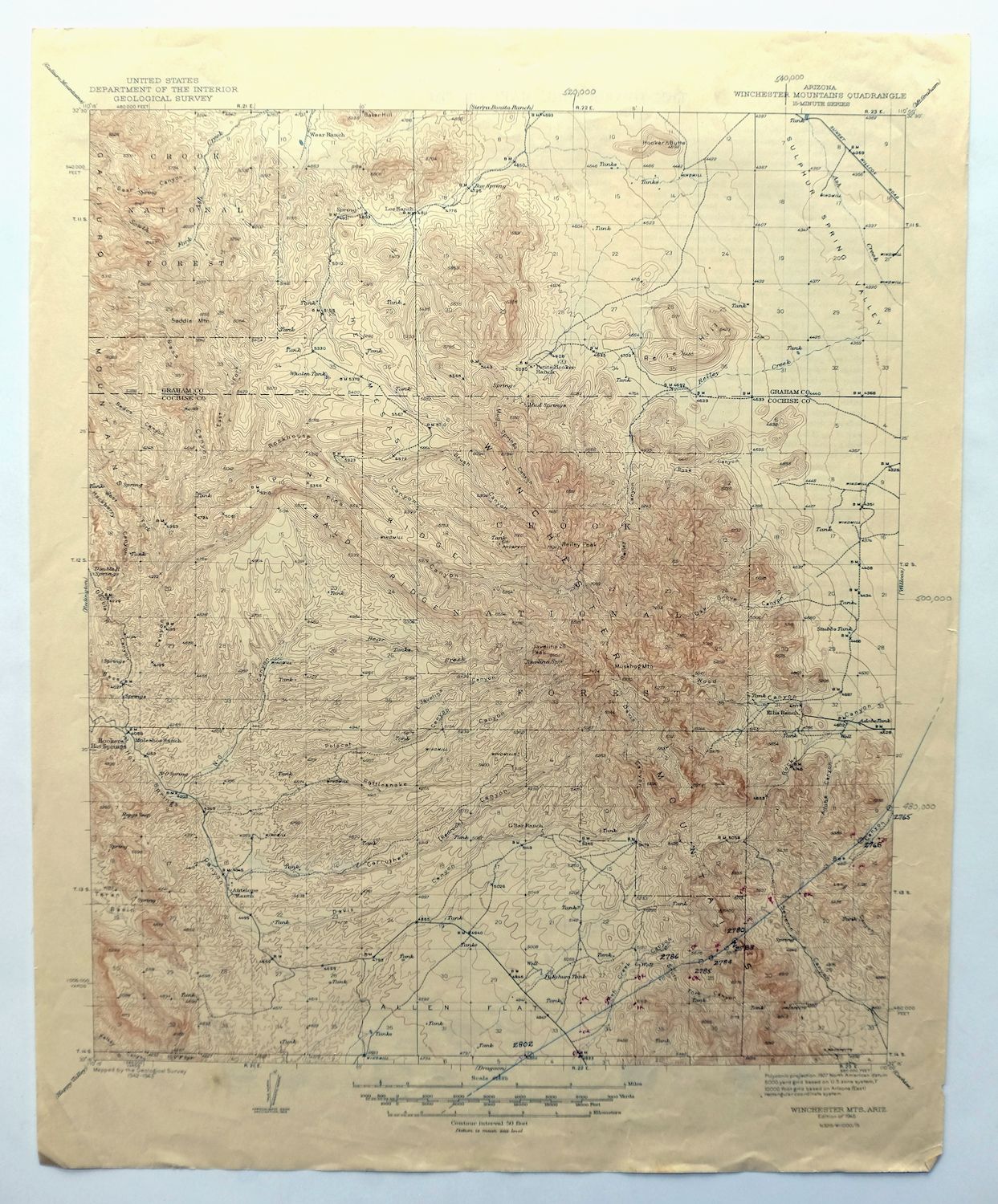 Winchester Mountains Arizona The Mesas USGS Topo Map 1945